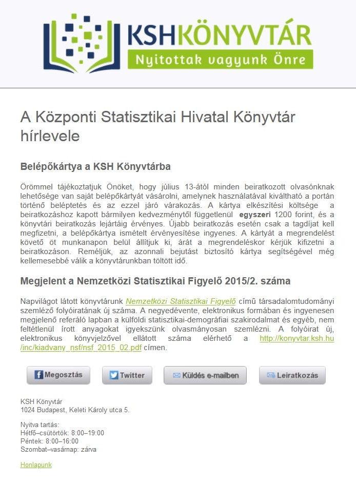A Központi Statisztikai Hivatal Könyvtár hírlevele